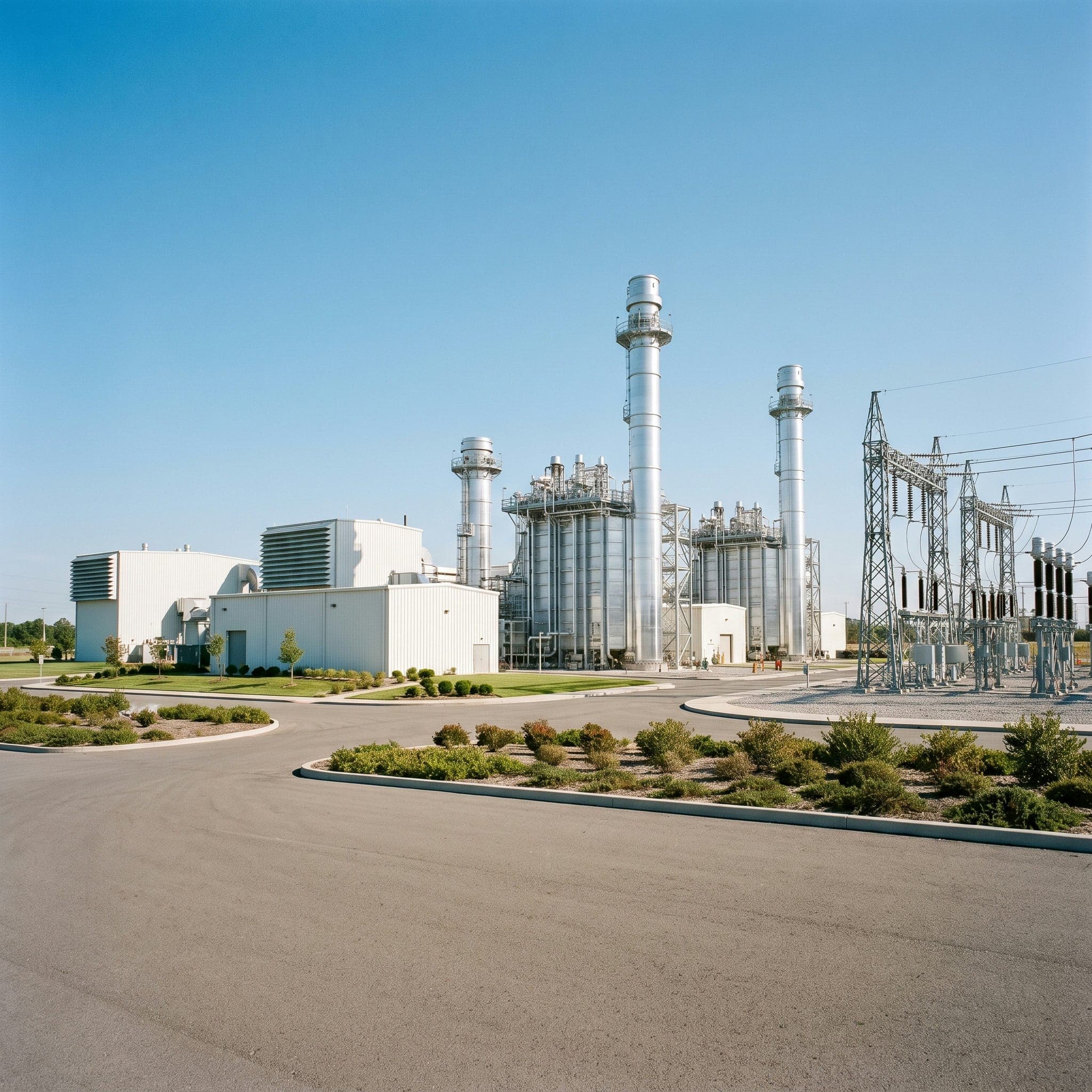 Large power plant turbine hall with steam turbines