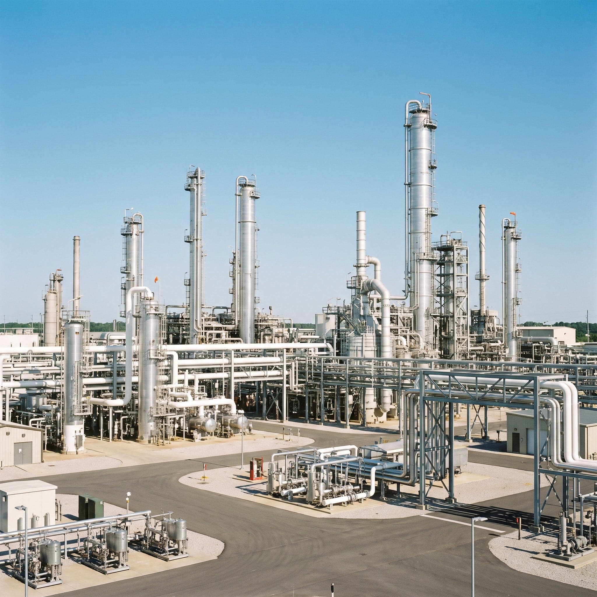Refinery towers and piping at blue hour