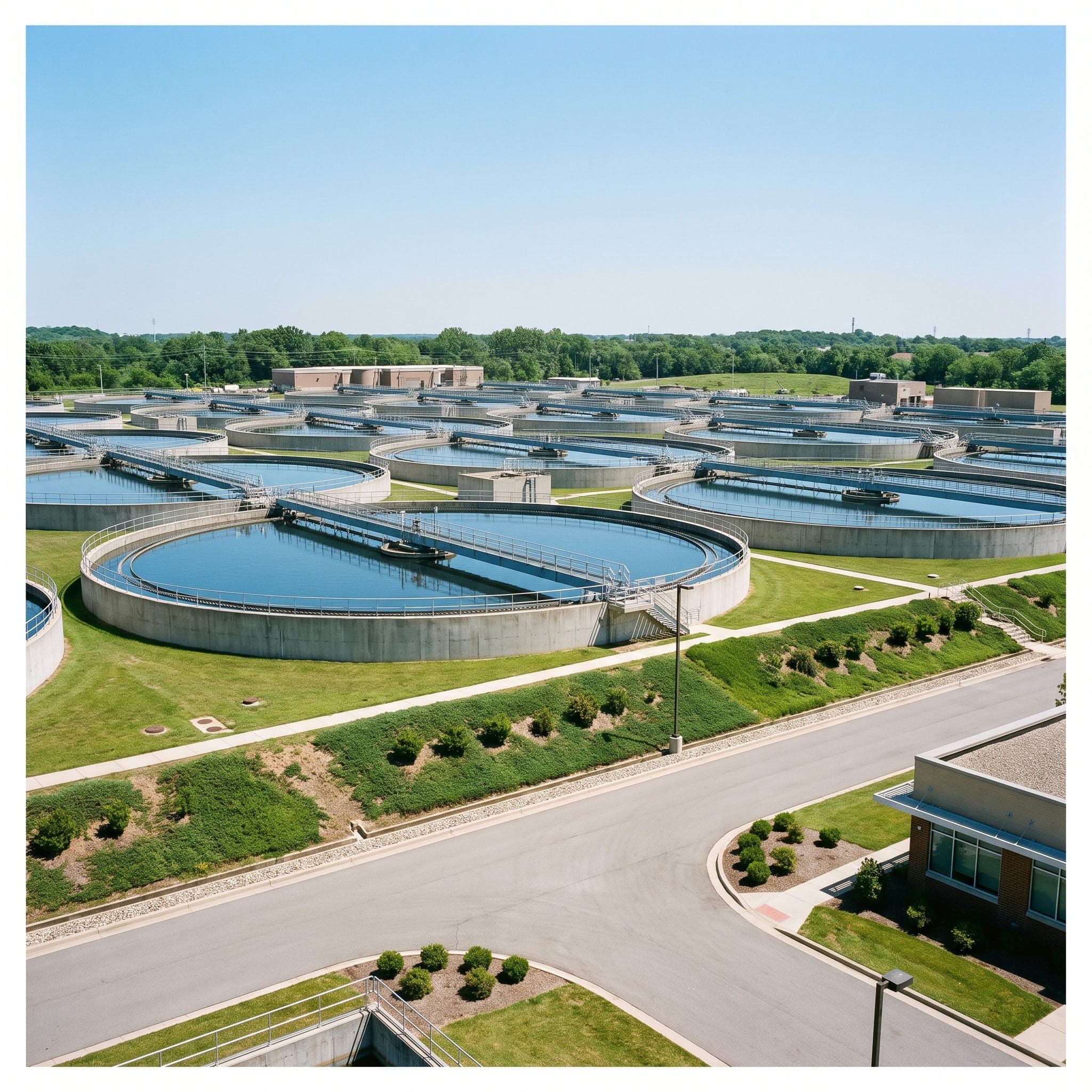 Modern water treatment plant with circular clarifier basins under a clear blue sky