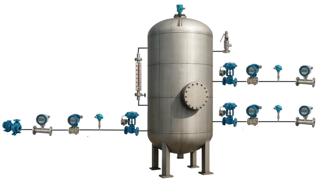 Process vessel instrumented with flowmeters, pressure and temperature transmitters, level indicator and level transmitter