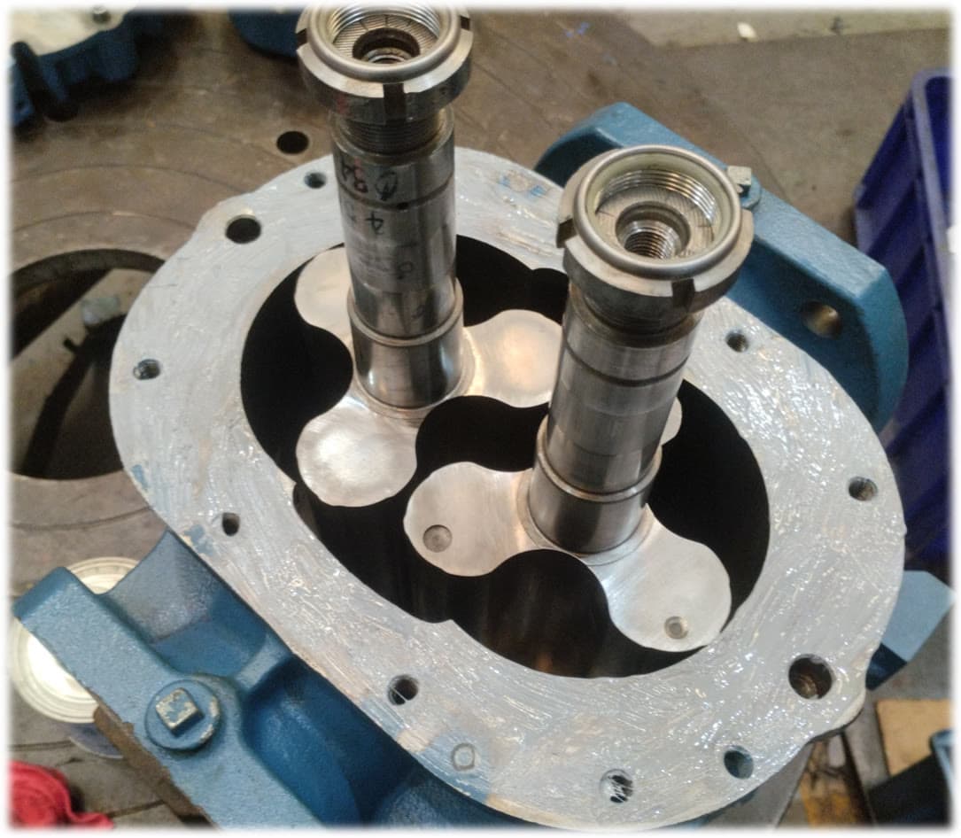 Rotary lobe blower casing opened for rotor inspection