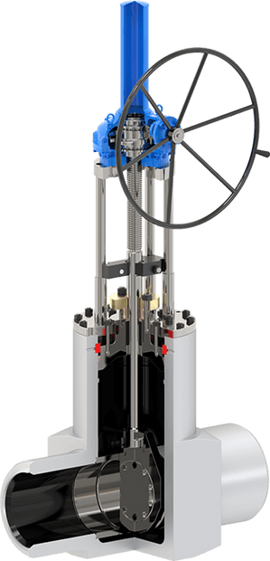 Pressure seal gate valve cutaway with gear operator